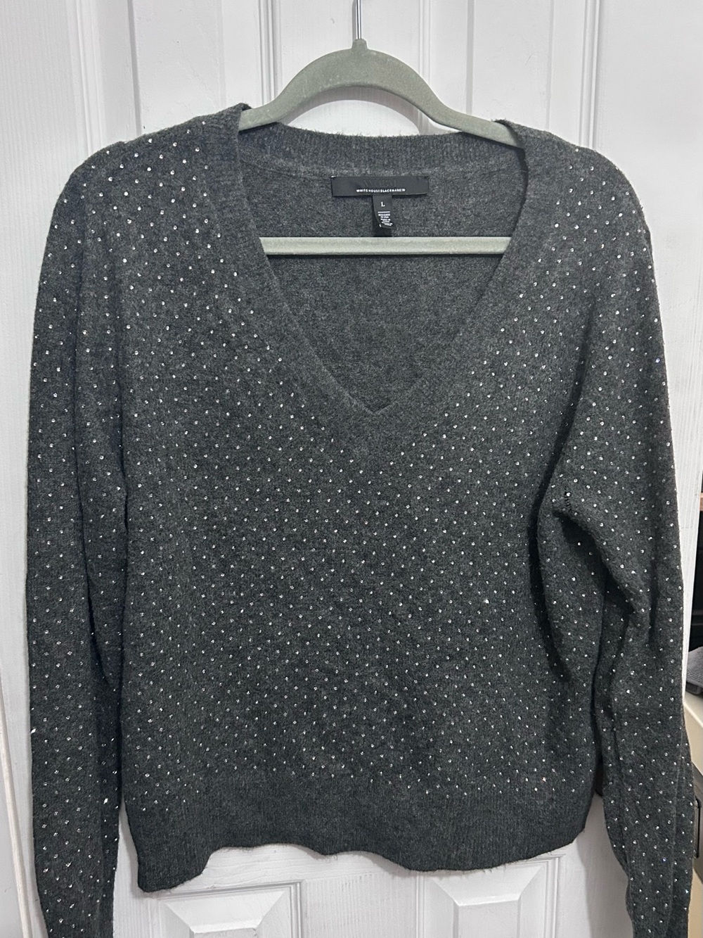 White House Black Market Charcoal Gray Rhinestone V-Neck Sweater